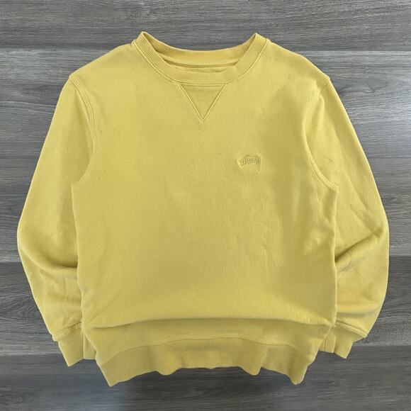 Stussy Sweatshirt Mens Small Yellow Pigment Dyed Crewneck Pullover Embroidered - Picture 1 of 5